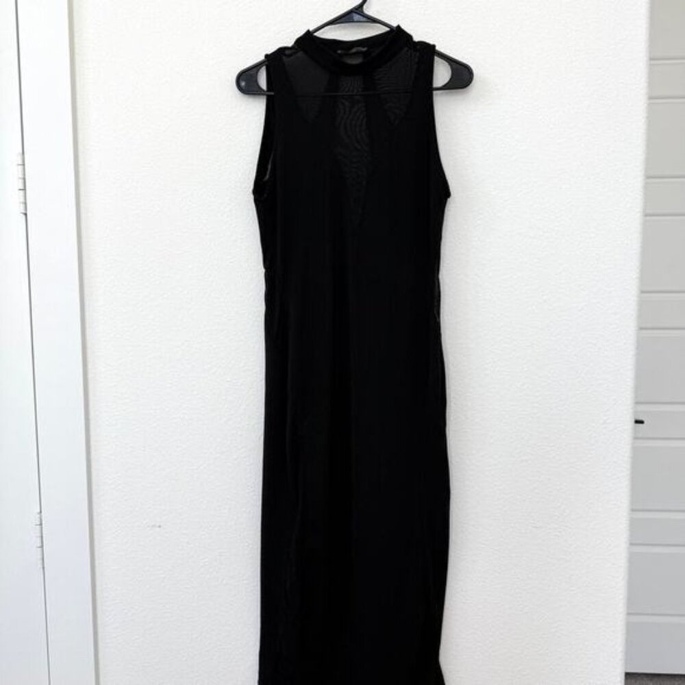 ZARA Mesh Panel Black Bodycon Dress Sleeveless Mock Neck Sheer Edgy Gothic L